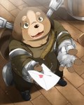 anthro black_nose blush brown_body brown_fur clothing detailed_background fur heart_symbol humanoid_hands kemono letter male overweight overweight_male shirt slightly_chubby solo topwear hinami tera_online paesyn canid canine canis domestic_dog mammal popori 2015 4:5