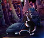 anthro building car city clothed clothing cyberpunk detailed_background ear_piercing futuristic gun handgun holding_gun holding_handgun holding_object holding_pistol holding_ranged_weapon holding_weapon horn leaning leaning_on_car lights male navel neon night on_car piercing pistol ranged_weapon road smile solo tail urban vehicle weapon chibity mythology primus_(peter4331) dragon mythological_creature mythological_scalie scalie 2018 absurd_res hi_res