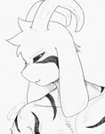 2_horns ambiguous_gender anthro black_sclera chest_tuft collarbone facial_markings fangs fur head_markings horn long_ears looking_aside markings simple_background solo teeth tuft tesran29g undertale undertale_(series) asriel_dreemurr_(god_form) boss_monster_(undertale) bovid caprine goat mammal 2024 bust_portrait greyscale hi_res monochrome portrait signature watermark