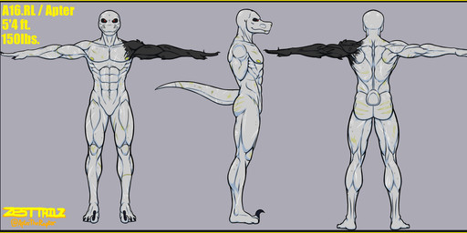 anthro apter_(aptertheraptor) athletic black_eyes bullet_wound claw_marks grey_body grey_scales leg_scar male nipples nude pupils red_pupils scales scar scarred_body scars_all_over smile solo standing t-pose thigh_scar yellow_nipples aptertheraptor dinosaur dromaeosaurid prehistoric_species reptile saurischian scalie theropod velociraptor absurd_res hi_res model_sheet