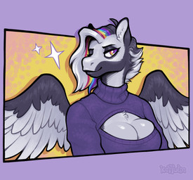 anthro breasts cleavage_cutout clothing cutout feathered_wings feathers female fur grey_body grey_fur hair looking_aside purple_clothing purple_sweater purple_topwear simple_background smile solo sweater topwear wings keffotin mythology scanner_sparkly equid equine mammal mythological_creature mythological_equine pegasus 2024 nonbinary_(lore)