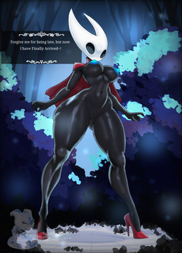 anthro big_butt biped black_body black_eyes blue_nipples breasts butt cloak cloak_only clothing curvy_figure dialogue female footwear front_view genitals high_heels horn nipples non-mammal_breasts non-mammal_nipples red_cloak red_clothing shoes small_waist solo standing text text_box thick_thighs vulva wide_hips emmet_twunks hollow_knight_(franchise) team_cherry hornet_(hollow_knight) arthropod absurd_res english_text hi_res watermark