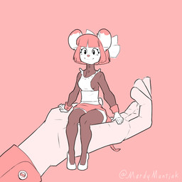 ambiguous_gender anthro bangs clothed clothing duo extreme_size_difference female footwear hair high_heels holding_character legwear looking_at_viewer maid_apron maid_headdress maid_uniform micro pink_hair shoes simple_background sitting_on_hand size_difference smile stockings tail text thigh_highs topwear uniform white_body mardymuntjak renfri_(mardymuntjak) human mammal murid murine rat rodent 1:1 2025 artist_name digital_media_(artwork)