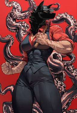 anthro clothing collared_shirt female hat headgear headwear humanoid_hands muscular muscular_female red_clothing red_shirt red_topwear rolled_up_sleeves scar shirt solo topwear vest telson wolf_head canid canine canis mammal wolf hi_res