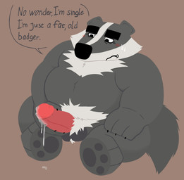 anthro balls belly big_belly black_body black_fur black_nose blush bodily_fluids cum dialogue erection fur genital_fluids genitals male mature_male overweight overweight_male penis simple_background sitting solo text white_body white_fur bencomedion beastly_crimes beastly_crimes_(2024) chief_badger badger mammal mustelid musteline 2026 english_text hi_res
