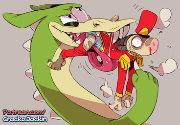 anthro biped blood blush bodily_fluids brown_body clean_diaper clothed clothing diaper duo green_body hat headgear headwear horn male marching_band_uniform nosebleed red_clothing red_hat red_headwear saliva sharp_teeth simple_background size_difference teeth tongue tongue_out vore wearing_diaper crackajackin cuphead_(game) european_mythology mythology studio_mdhr flookz_(character) grim_matchstick dragon mythological_creature mythological_scalie scalie western_dragon 2021 digital_media_(artwork)