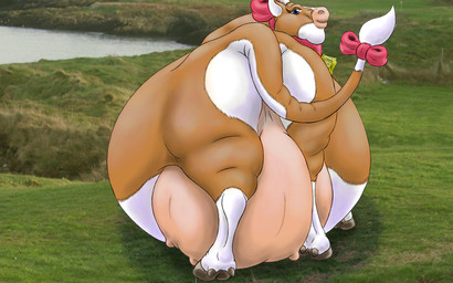 accessory bow_accessory bow_ribbon cloven_hooves cowbell fat_face female feral fur furgonomics hooves morbidly_obese morbidly_obese_female obese obese_female orange_body orange_fur overweight overweight_female rear_view ribbons solo tail tail_accessory tail_bow tail_ribbon teats thick_tail udders white_body white_fur blacktail_(artist) bovid bovine cattle dairy_cattle mammal 16:10 widescreen