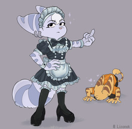 anthro bow_tie bowing bracelet clothing duo ear_piercing ear_ring eyebrows eyelashes female footwear fur gesture hand_gesture hand_on_hip heart_symbol high_heels jewelry maid_headdress maid_uniform male middle_finger piercing ring_piercing shoes striped_body striped_fur stripes uniform white_body white_fur elizave92614446 ratchet_and_clank sony_corporation sony_interactive_entertainment ratchet_(ratchet_and_clank) rivet_(ratchet_and_clank) lombax mammal 2025 hi_res