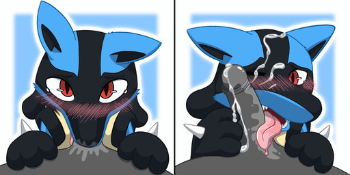 anthro blush bodily_fluids cum cum_on_face duo fellatio genital_fluids genitals male male/male oral penile penis saliva sex teeth tongue tongue_out milowo nintendo pokemon generation_4_pokemon lucario pokemon_(species) hi_res