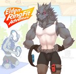 4_arms abs anthro blue_body blue_hair bottomwear bulge clothed clothing controller duo exercise exercise_mat eye_scar facial_scar female frown fur game_controller gym hair hands_on_hips inside joycon_controller kneeling leg_strap male midriff multi_arm multi_limb muscular muscular_male nintendo_controller pecs scar shirt shorts spandex standing tank_top tight_clothing topwear 1oi conditional_dnp elden_ring fromsoftware nintendo nintendo_switch ring-con ring_fit_adventure blaidd_(elden_ring) ranni_the_witch canid canine canis mammal wolf crossover hi_res