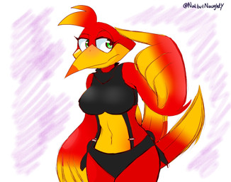 anthro beak big_breasts black_clothing blush breasts clothing costume feathers female navel non-mammal_breasts non-mammal_navel red_body solo tail tail_feathers missnatzooie banjo-kazooie rareware kazooie avian bird breegull hi_res