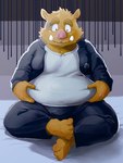 anthro belly bottomwear brown_body brown_fur clothing fur humanoid_hands kemono male overweight overweight_male pants shirt sitting solo topwear n_gata21 mammal suid suina sus_(pig) wild_boar 2022