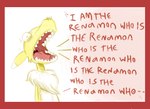 anthro border countershading dialogue fangs female fur gaping_mouth mouth_shot open_mouth palate recursion red_border renamon_who solo teeth text uvula white_body white_fur yellow_body yellow_fur ayato bandai_namco digimon canid canine digimon_(species) mammal renamon english_text