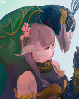 accessory ambiguous_anthro ambiguous_gender anthro bangs blue_body blue_feathers braided_pigtails breasts brown_eyes clothing duo eyelashes eyeshadow feathers female female_humanoid flower flower_in_hair gloves green_body green_feathers hair hair_accessory handwear light_body light_skin looking_down makeup peak plant simple_background mighty-whydah final_fantasy final_fantasy_xiv square_enix kingly_peacock au_ra avian bird galliform humanoid peafowl phasianid scalie 2020 4:5 digital_media_(artwork) digital_painting_(artwork) painting_(artwork)