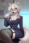 anthro black_clothing black_legwear black_suit black_thigh_highs blue_eyes breasts cleavage clothed clothed_anthro clothed_female clothing eyewear female fluffy fluffy_tail fur garter_straps glasses hair jewelry legwear looking_at_viewer medium_breasts necklace office_lady solo suit tail thick_thighs thigh_highs wearing_glasses white_body white_fur white_hair paper_demon selin_malianis canid canine canis mammal wolf 2024