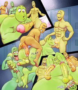 5_fingers 5_toes abs anal anal_penetration anthro anthro_on_anthro anthro_penetrated anthro_penetrating anthro_penetrating_anthro backsack balls belly bench blush bodily_fluids butt circumcised circumcision_scar cum cum_in_ass cum_inside cutaway erection facesitting feet felching fellatio fingers foot_fetish foot_play footjob foreskin genital_fluids genital_scar genitals green_balls green_body green_penis group group_sex heart_eyes heart_symbol humanoid_feet humanoid_genitalia humanoid_hands humanoid_penis locker_room lying male male/male male_penetrated male_penetrating male_penetrating_male motion_lines musclegut muscular muscular_anthro muscular_male nude on_front oral overweight overweight_anthro overweight_male partially_retracted_foreskin pecs penetration penile penis perineum plantigrade rimming scar sex sitting_on_another smile sound_effects spitroast text toes towel yellow_balls yellow_body yellow_penis howz amphibian frog 2020 dated digital_media_(artwork) hi_res signature
