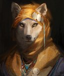 ambiguous_gender black_background black_nose clothing ear_piercing ear_ring headscarf jewelry looking_at_viewer necklace piercing ring_piercing simple_background whiskers yellow_eyes nomax canid canine canis jackal khenra_(species) mammal 2022 digital_media_(artwork) headshot_portrait hi_res portrait