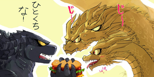 ambiguous_gender blush bodily_fluids bread burger close-up drooling duo exclamation_point fangs feral food forked_tongue horn lettuce long_neck looking_down meat nude open_mouth orange_eyes plant red_tongue saliva sharp_teeth simple_background smile sweat teeth text thick_neck tongue tongue_out vegetable wings yellow_background yellow_body yellow_eyes yellow_skin tsk03 european_mythology godzilla_(series) greek_mythology monsterverse mythology toho godzilla king_ghidorah dragon ghidorah_(species) hydra kaiju monster mythological_creature mythological_scalie reptile scalie western_dragon 2019 japanese_text translated