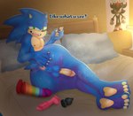 anthro anus balls bed bedroom blue_body bodily_fluids butt buttplug claws clothing dialogue dildo erection feet fur furniture genital_fluids genitals green_eyes hair hand_on_butt lying male male/male musk musk_clouds nude on_side open_mouth pawpads paws penis perineum pillow pink_dildo plug_(sex_toy) poster precum presenting presenting_anus presenting_hindquarters rainbow_dildo sex sex_toy smile smiling_at_viewer smirk smirking_at_viewer solo spread_butt spreading sweat tail talking_to_viewer teeth text tongue toy underwear flickerfur nice_cock_(meme) sega sonic_the_hedgehog_(series) shadow_the_hedgehog sonic_the_hedgehog eulipotyphlan hedgehog mammal absurd_res english_text hi_res