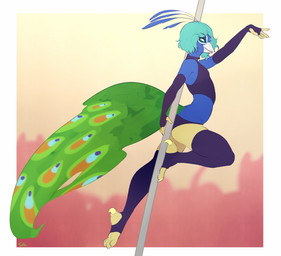 anthro beak border clothed clothing crossdressing dancing digitigrade feathers feet femboy group hair legwear looking_at_viewer looking_back male midriff outside_border pole pole_dancing skimpy solo_focus talons teal_hair thigh_highs toes mustachemutt danny_(vampiresacrifice) avian bird galliform peafowl phasianid