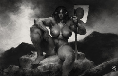 abs axe barbarian battle_axe bearded_axe big_breasts breasts female genitals hair huge_breasts humanoid_genitalia humanoid_pointy_ears humanoid_vulva long_hair muscular muscular_female muscular_humanoid nude nude_female nude_humanoid pointy_ears pubes solo tusks vulva warrior justsomenoob humanoid orc 2023 greyscale hi_res monochrome