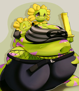 alternative_fashion anthro belly big_belly big_breasts breast_grab breasts butter clothing dairy_products duo eyewear female fishnet_clothing fishnet_legwear food gamer_girl glasses glistening glistening_body goth hand_on_breast heart_symbol huge_belly huge_breasts huge_thighs legwear male male/female navel obese overweight size_difference thick_thighs phantomdgen deltarune undertale_(series) animal_humanoid floradinn humanoid reptile reptile_humanoid scalie scalie_humanoid snake snake_humanoid absurd_res hi_res