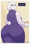 absurd_res anthro big_butt border boss_monster_(undertale) bovid butt caprine clothing dialogue doggomeatball dress english_text eyes_closed female hi_res looking_at_viewer looking_back mammal mature_anthro mature_female simple_background solo suggestive text toriel undertale undertale_(series) url white_border wide_hips yellow_background