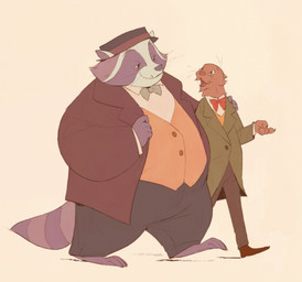 anthro belly big_belly bottomwear bow_tie clothing duo male male/male mature_male open_mouth overweight overweight_male pants shirt simple_background smile topwear walking giovanni_edwards wilbur_&_harold mammal mustelid musteline procyonid raccoon true_musteline weasel 2025 absurd_res hi_res official_art