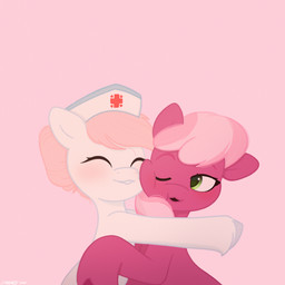 black_mouth clothing duo eyebrows eyes_closed face_squish feathering female female/female female_feral feral fur green_eyes grey_hooves hair hair_bun hat headgear headwear hooves hugging_partner love mane multicolored_mane nurse nurse_clothing nurse_hat nurse_headwear one_eye_closed open_mouth open_smile pink_background pink_body pink_eyebrows pink_fur pink_line_art pink_mane red_hooves simple_background smile smiling_at_another smiling_at_partner squish two_tone_mane white_body white_clothing white_fur white_hat white_headwear starburst_uwu friendship_is_magic hasbro my_little_pony cheerilee_(mlp) nurse_redheart_(mlp) earth_pony equid equine horse mammal pony 1:1 2025 absurd_res colored colored_line_art digital_drawing_(artwork) digital_media_(artwork) english_description hi_res shaded