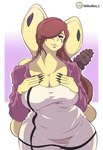 anthro big_breasts breasts clothing female hair hand_on_breast non-mammal_breasts simple_background solo thick_thighs wide_hips lallamitan_t bisevia_(lallamitan_t) cobra reptile scalie snake absurd_res digital_media_(artwork) hi_res