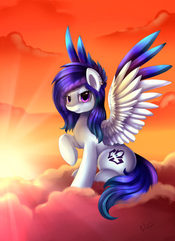 braided_hair cutie_mark day detailed_background ear_piercing eyelashes feathered_wings feathers female feral hair hooves outside piercing purple_eyes purple_hair sitting smile solo sun white_body white_feathers wings pridark hasbro my_little_pony mythology fan_character equid equine mammal mythological_creature mythological_equine pegasus absurd_res hi_res