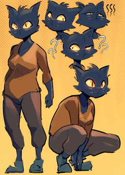 blue_body blue_fur breasts cheek_tuft clothed clothing crouching expressions facial_tuft female footwear fully_clothed fur notched_ear pattern_background question_mark red_eyes shoes simple_background solo standing tuft whiskers yellow_sclera saucymauler night_in_the_woods mae_borowski domestic_cat felid feline felis mammal 2019 absurd_res hi_res multiple_images