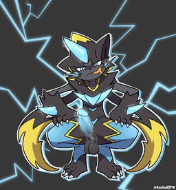 anthro aroused balls big_penis bodily_fluids claws crouching electricity genitals humanoid_genitalia humanoid_penis looking_at_viewer male penis saliva saliva_string smug_face solo anchunsfw nintendo pokemon generation_7_pokemon generation_9_pokemon legendary_pokemon mega_evolution mega_zeraora pokemon_(species) zeraora 2025 hi_res