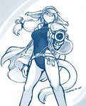 2024 anthro basitin belt blue_and_white breasts clothed clothing coat conditional_dnp female gun hair holding_gun holding_object holding_ranged_weapon holding_weapon leotard looking_at_viewer looking_down low-angle_view mammal monochrome open_clothing open_coat open_topwear pointing_gun_at_viewer ponytail ranged_weapon side_boob simple_background sketch skimpy solo tom_fischbach topwear twokinds weapon white_background