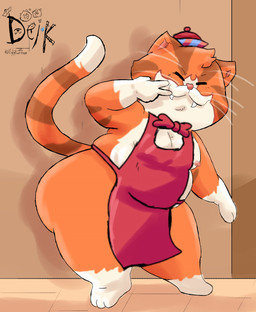 anthro apron apron_only big_butt bow_tie breasts brown_background butt clothed clothing fangs fur hat headgear headwear male markings nipples one_eye_closed orange_body orange_fur partially_clothed pink_nipples simple_background slightly_chubby smile solo standing striped_markings striped_tail stripes tail tail_markings tan_body tan_fur teeth whiskers wide_hips wink ugly-rat15508 raymond_(ugly-rat15508) domestic_cat felid feline felis mammal tabby_cat absurd_res digital_media_(artwork) hi_res signature
