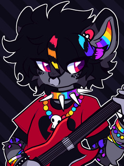 ambiguous_gender anthro black_body black_fur black_hair blue_markings bracelet clothing collar ear_piercing electric_guitar freckled_face freckles fur grey_body grey_fur guitar hair holding_guitar holding_musical_instrument holding_object jewelry lgbt_pride markings multicolored_body multicolored_fur musical_instrument nonbinary_pride_colors piercing plucked_string_instrument pride_colors purple_markings rainbow_flag rainbow_pride_flag rainbow_symbol red_eyes shirt simple_background solo spiked_bracelet spiked_collar spikes spots spotted_arms spotted_markings string_instrument topwear tuft kingsillysmilez echo_(kingsillysmilez) cheetah felid feline mammal 2024 3:4 colored colored_sketch digital_drawing_(artwork) digital_media_(artwork) flat_colors hi_res sketch