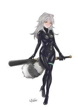 baseball_bat bat_(object) blush bodysuit breasts clothing female grey_hair hair holding_object latex latex_clothing long_hair simple_background skinsuit solo tall tight_clothing white_background yellow_eyes urii_20230426 honkai:_star_rail mihoyo stelle_(honkai:_star_rail) animal_humanoid humanoid mammal mammal_humanoid procyonid procyonid_humanoid raccoon_humanoid absurd_res hi_res