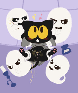 anthro anus black_sclera blush bodily_fluids clothing female genital_fluids genitals group heart_symbol open_mouth peeing robe spread_legs spreading tongue tongue_out urine vulva watersports white_body white_eyes white_tongue yellow_eyes sake_kemosalmon google google_doodle magic_cat_academy momo_(google) domestic_cat felid feline felis ghost mammal spirit 2018 5:6 hi_res