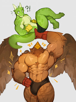 2_horns abs anthro armpit_hair barazoku beak biceps body_hair brown_body clothing duo feathered_wings feathers gloves green_body green_scales grey_background hand_on_hip handwear head_horn holding_above_head holding_character horn interrobang lifting_another male muscular muscular_anthro muscular_male muscular_thighs pecs scales shocked simple_background sparkles speedo standing swimwear tail wings mixterart mythology avian dragon gryphon mythological_avian mythological_creature mythological_scalie scalie wingless_dragon 3:4 absurd_res digital_media_(artwork) hi_res