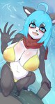 5_fingers anthro big_breasts bikini blue_eyes blue_hair blush breasts clothing dipstick_tail feet female fingers fur grey_body grey_fur hair markings multicolored_body multicolored_fur nipple_outline pool solo swimwear tail tail_markings two-piece_swimsuit two_tone_body two_tone_fur water white_body white_fur athom hanul canid canine canis domestic_dog husky mammal nordic_sled_dog spitz absurd_res hi_res