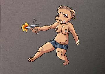 anthro belly bottomwear breasts cigarette clothing ear_piercing female gun nipples piercing ranged_weapon shooting shorts solo standing tattoo weapon eyescutout bear mammal hi_res