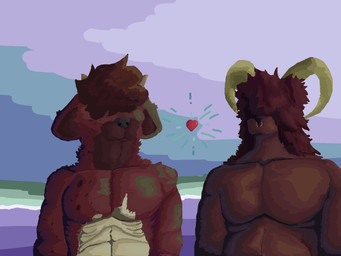 anthro belly clothed clothing duo facial_piercing hair hair_over_eyes horn lgbt_pride love male male/male nose_piercing nose_ring pecs piercing pride_colors ribs ring_piercing standing topless rudolph4444 bovid caprine goat hybrid hyena mammal sheep hi_res