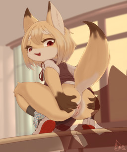 ambiguous_gender anthro anus bottomless butt classroom clothed clothing clothing_around_one_leg crouching duo female footwear fur genitals hair inside loli looking_at_anus looking_back open_mouth open_smile panties panties_around_one_leg panties_down partially_clothed presenting presenting_anus presenting_hindquarters school shoes smile solo_focus spread_butt spreading tail tongue topwear underwear underwear_around_one_leg underwear_down vulva yellow_body yellow_fur young young_anthro sake_kemosalmon canid canine fox mammal 2021 5:6 absurd_res hi_res