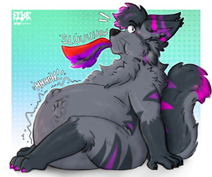 abdominal_bulge anthro belly big_belly black_hair black_nose blush blush_lines border caught_off_guard colored_nails dipstick_tail dotted_background duo foot_imprint fur gloves_(marking) gradient_background green_background grey_body grey_fur hair huge_belly hyper hyper_belly imprint leg_markings looking_at_viewer male markings nails onomatopoeia oral_vore partially_inside pattern_background purple_body purple_fur purple_hair_tips purple_nails purple_tail_tip red_body red_fur rumbling_stomach simple_background sitting sitting_on_ground slurping socks_(marking) sound_effects tail tail_markings text vore white_border eliaslynxie canid canine canis domestic_cat felid feline felis maine_coon mammal wolf 2026 6:5 absurd_res digital_drawing_(artwork) digital_media_(artwork) english_description hi_res