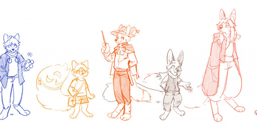 anthro bottomwear cape closed_smile clothed clothing digitigrade eyes_closed eyewear front_view glasses group hair hand_in_pocket holding_object holding_wand jacket long_hair male messy_hair mouth_closed narrowed_eyes pants pockets rectangular_glasses shirt short_hair simple_background simple_eyes smile snowflake standing t-shirt three-quarter_view topwear unsigned wand asnnonaka canid mammal sketch