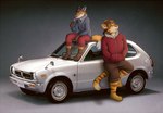 anthro candy car clothing countershading dessert duo food lollipop male sitting standing tongue tongue_out vehicle mytigertail honda honda_civic canid canine felid fox mammal pantherine tiger 2020