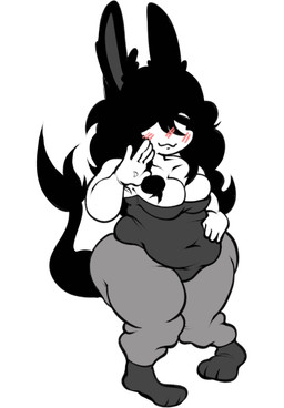 3_toes 5_fingers big_breasts biped black_hair black_tail blush blush_lines breasts cleavage clothed clothing feet female female_humanoid fingers front_view gesture hair leggings legwear long_hair overweight rabbit_ears solo standing tail tight_clothing toes waving waving_at_viewer zmiffster humanoid hi_res