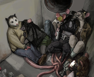 belt boots bottomwear clothed clothing container cuddling cup denim denim_bottomwear denim_clothing electronics entangled eyes_closed eyewear female fishnet_clothing fishnet_legwear footwear fully_clothed glasses group hair highlights_(coloring) jacket jeans kissing legwear long_hair looking_at_viewer male male/female male/male pants phone sewer shirt shoes smile socks sweater tail tank_top topwear zarzaliel american_opossum mammal marsupial murid murine rat rodent virginia_opossum absurd_res hi_res