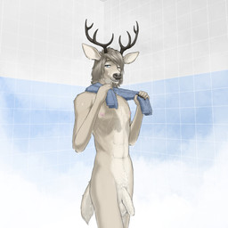 5_fingers abs anthro antlers balls big_balls blue_eyes brown_hair dripping dripping_wet droplets fingers flaccid foreskin fur genitals hair hair_over_eye hooved_fingers hooves horn humanoid_genitalia humanoid_penis long_foreskin looking_at_viewer male messy_hair muscular muscular_anthro muscular_male navel nipples nude one_eye_closed one_eye_obstructed penis pubes saggy_balls shower_room smile solo standing steam tan_body tan_fur teeth tile tile_wall towel towel_around_neck towel_only tuft unretracted_foreskin vein veiny_penis wall_(structure) wet wet_body wet_fur wet_hair wink maskopatol cervine deer mammal 1:1 digital_drawing_(artwork) digital_media_(artwork) hi_res