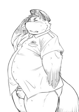 anthro blush bulge butt clothing eyes_closed kemono male overweight overweight_anthro overweight_male police police_hat shirt solo topwear underwear chiro_(artist) canid canine canis domestic_dog mammal 2015 monochrome